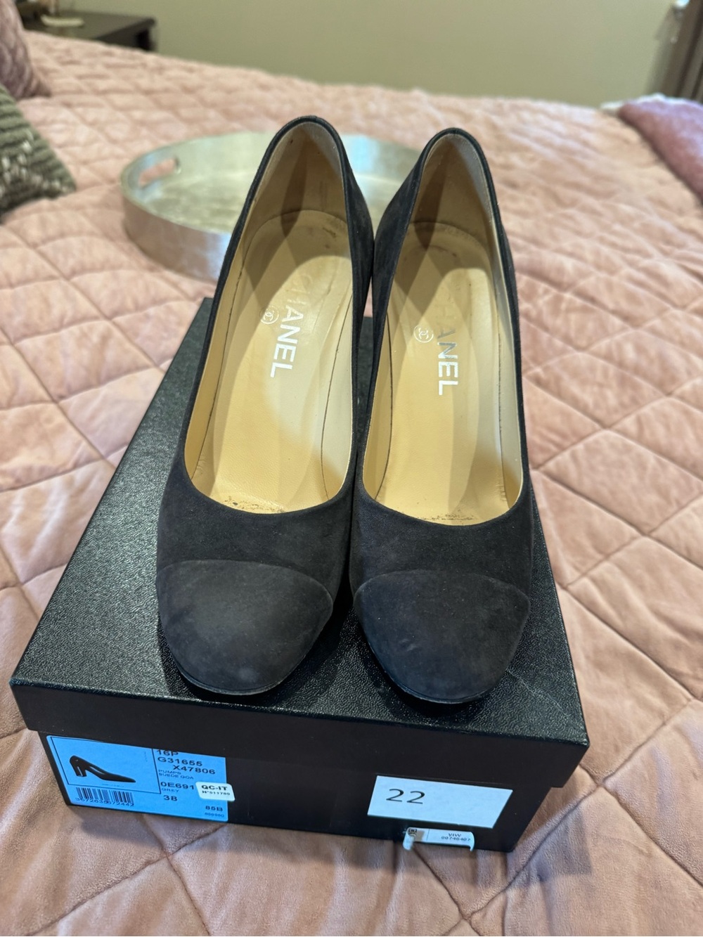 CHANEL Black Suede Cap-Toe Pumps